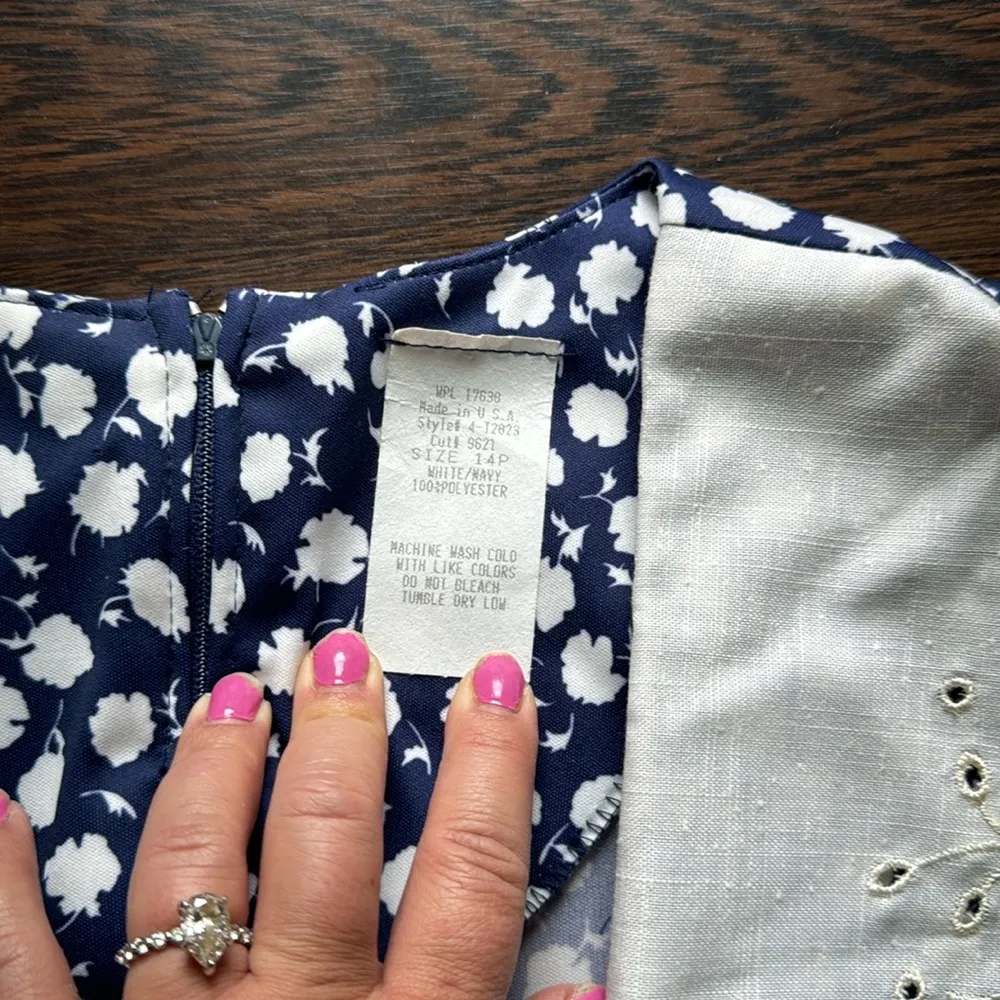 Vintage Peplum Bib Collar Dress Floral Navy 14P - Image 3