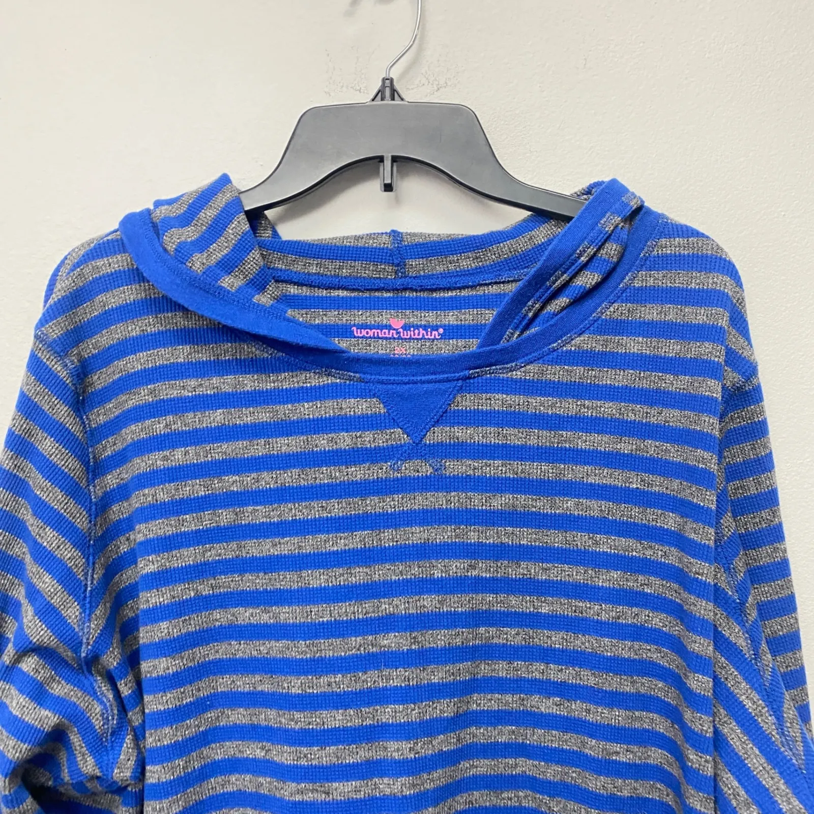 Woman Within Blue & Gray Striped Hoodie Sweatshirt Plus Size 26/28 - Image 2