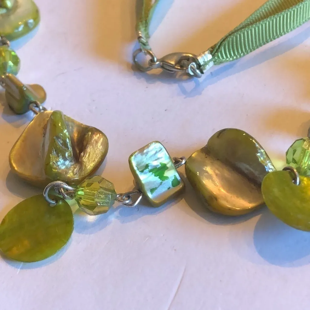 36” Green Fabric Corded & Green Abalone Shell Boho Necklace - Image 8