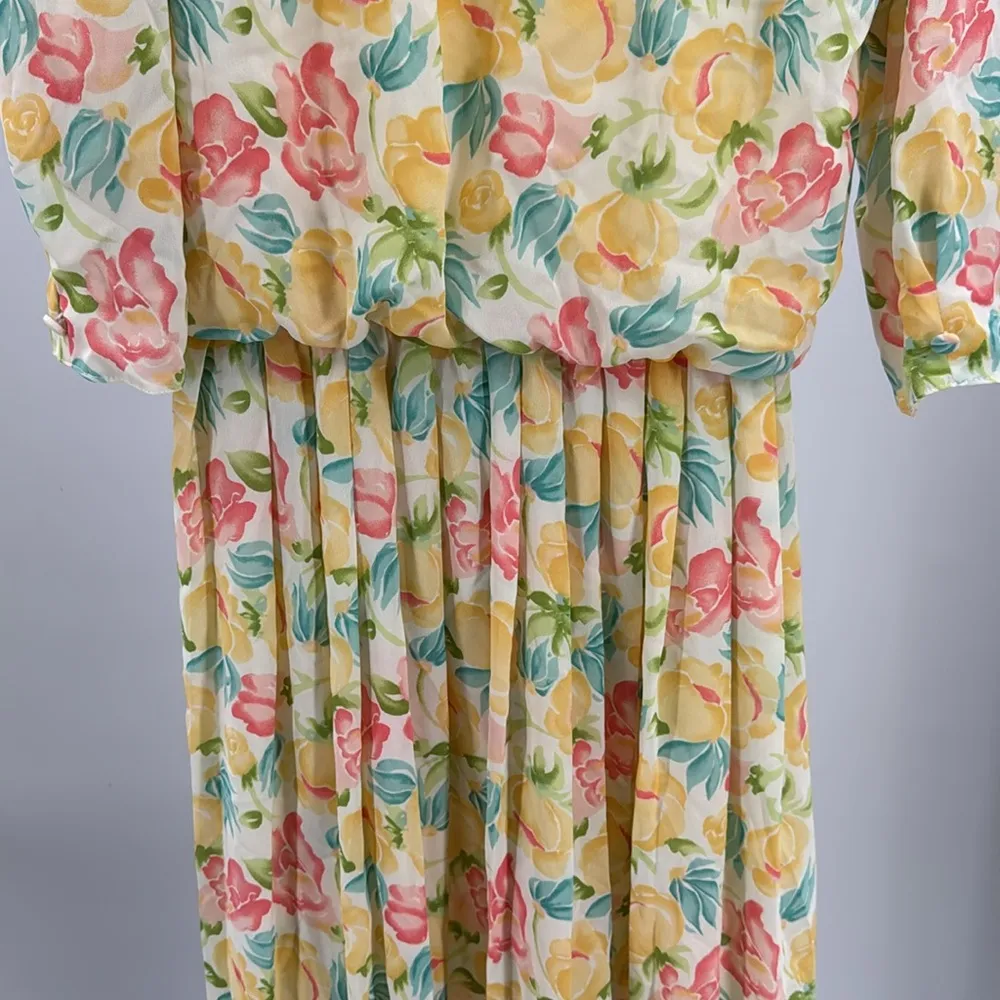 Vintage Floral Midi blouson pleated skirt tie front top dress secretary 14 Yellow - Image 4