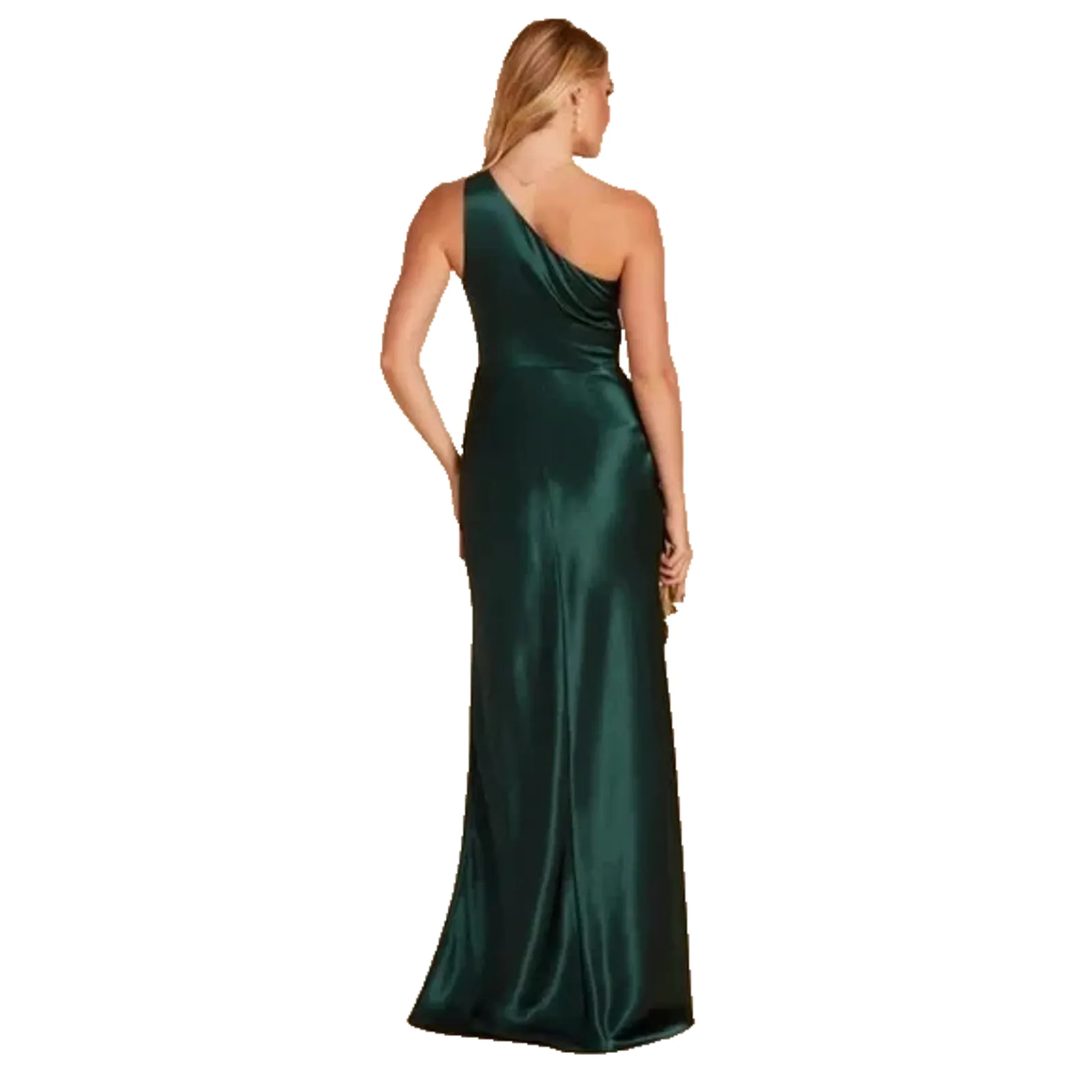 Birdy Grey Satin One Shoulder Maxi Kira Dress L Front Slit Emerald Green Formal - Image 5