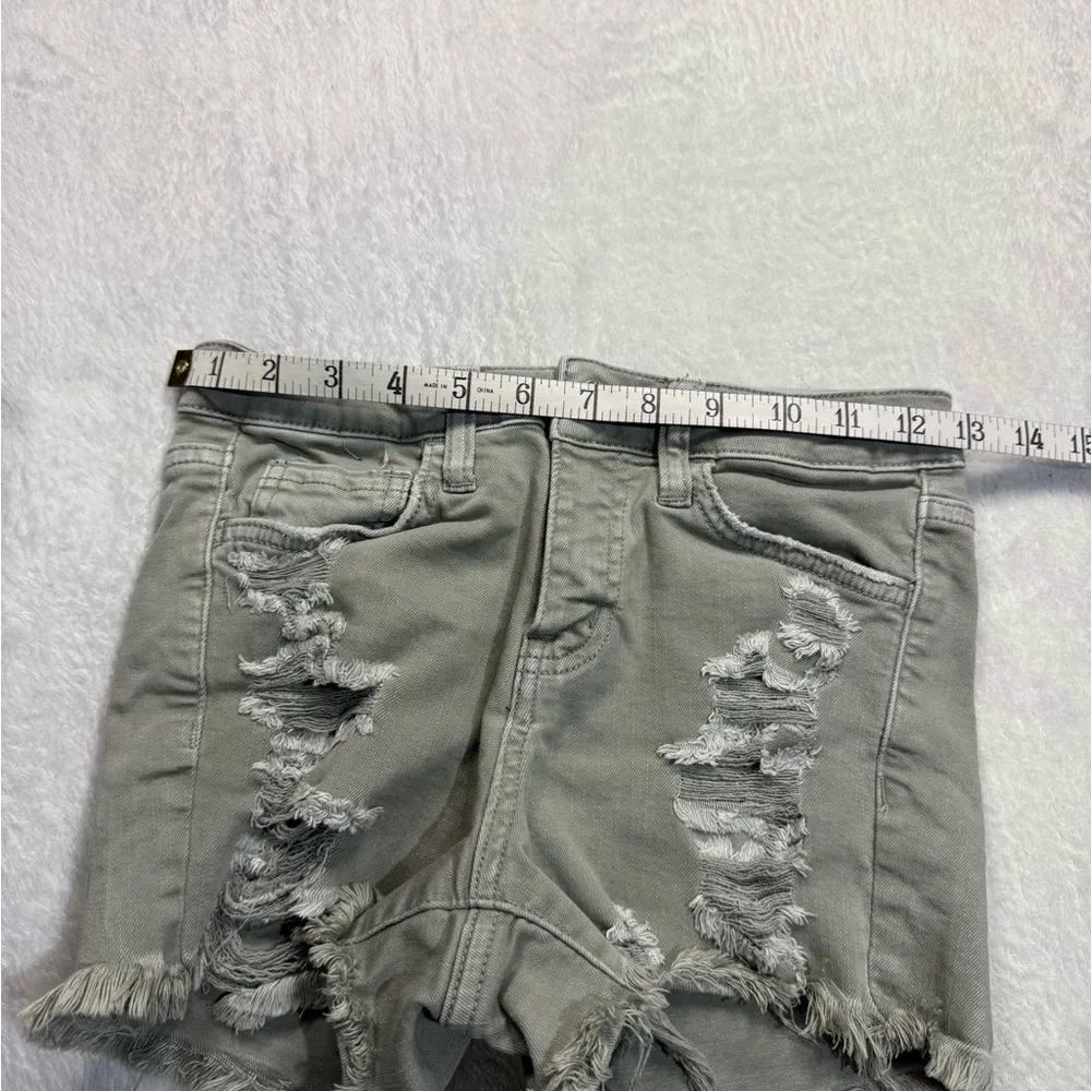 Olive Distressed Jean Shorts with Raw Hem - Image 3