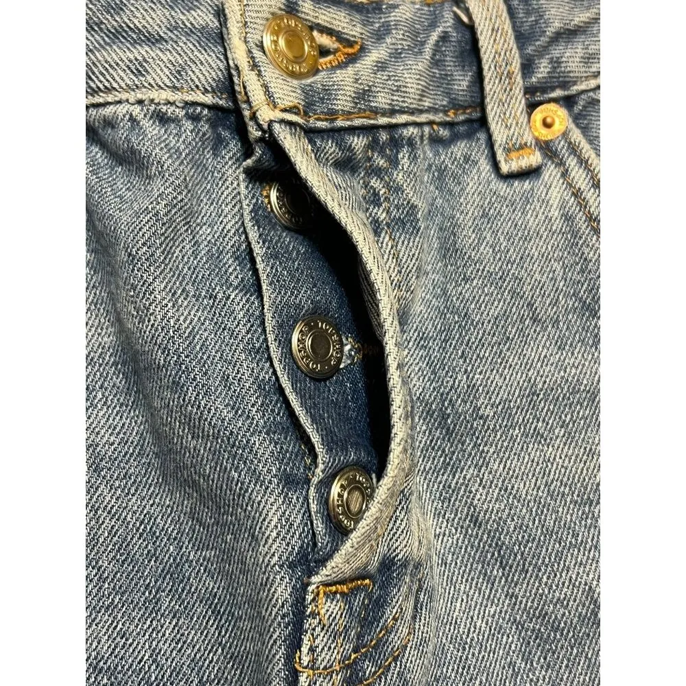 Topshop Moto Ashley Blue Jean Shorts Bootie Raw Hem Distressed Button Fly Sz 6 - Image 3