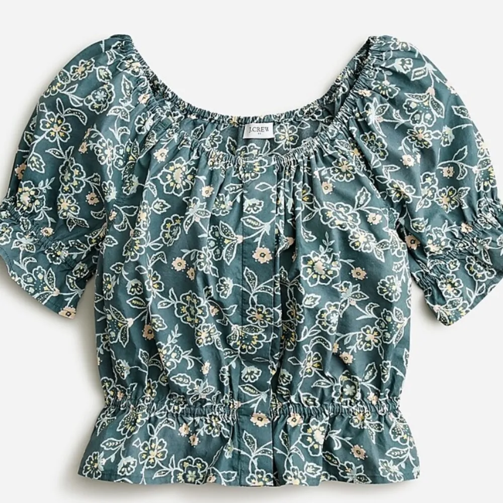 J. Crew Cotton Boho Gathered scoopneck top in vintage vines (Sz L) Green - Image 3