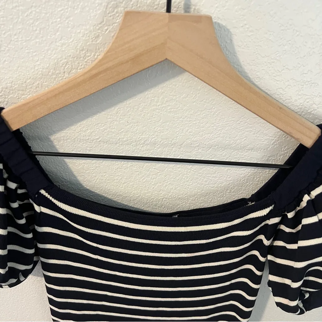 Zara Navy & White Striped Stretch Knit Puff Sleeve Fit & Flare Mini Dress Size M - Image 3