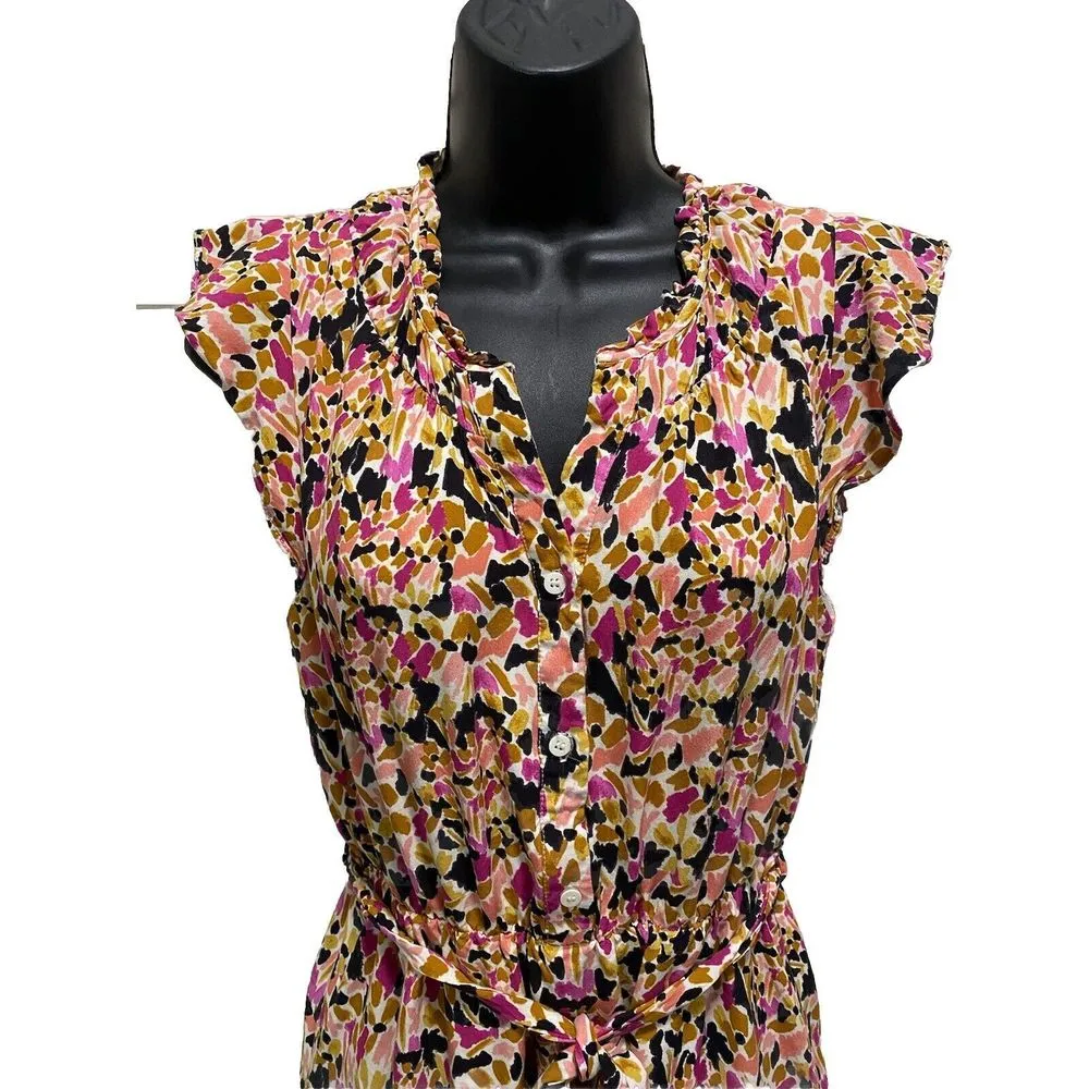 Collective Concepts Mustard Pink White Abstract Ruffle Cap Sleeve Dress Size S - Image 2