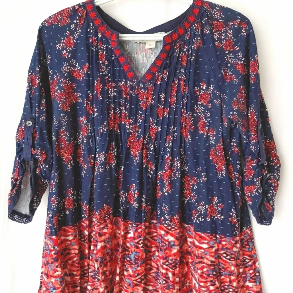Vintage America Jolita Top V Neck 3/4 Roll Tab Sleeves Navy Print Size M Blue Size M - Image 8