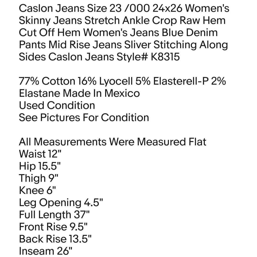 Caslon Jeans Size 23 /000 24x26 Women's Skinny Jeans Stretch Ankle Crop Raw Hem - Image 7