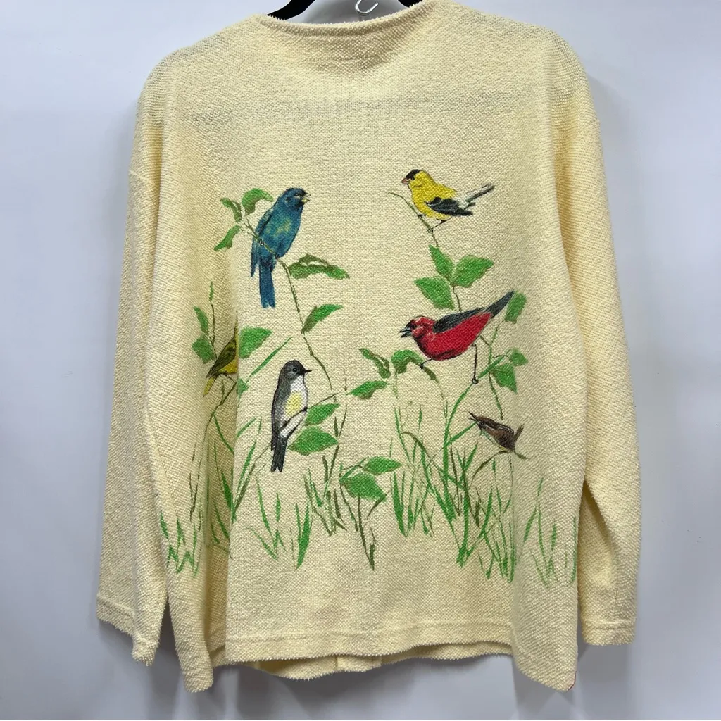 Vintage AU Women's yellow terry cloth cardigan Sweater Bird Art Applique Print Green Size L - Image 13