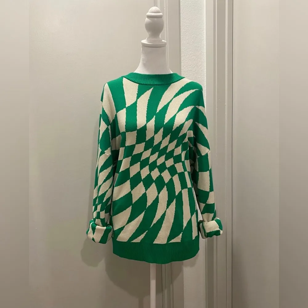 Green & White Checkered Print Morphy Oversized Sweater - XS/S - Image 3