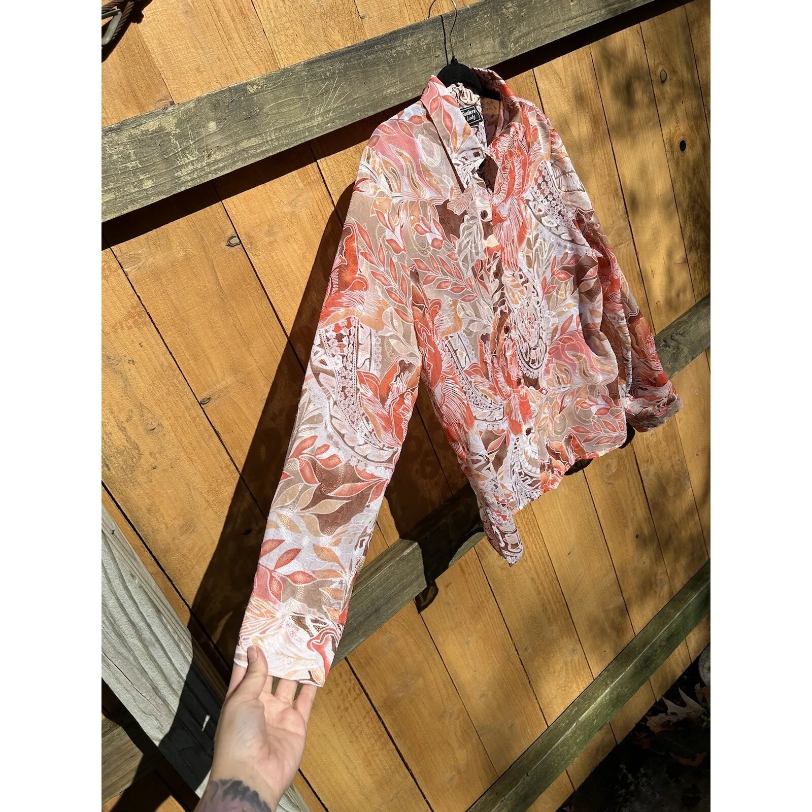 Southern Lady Semi Sheer size Large Button Up Floral Leaf Orangeā Spring Summer - Image 4