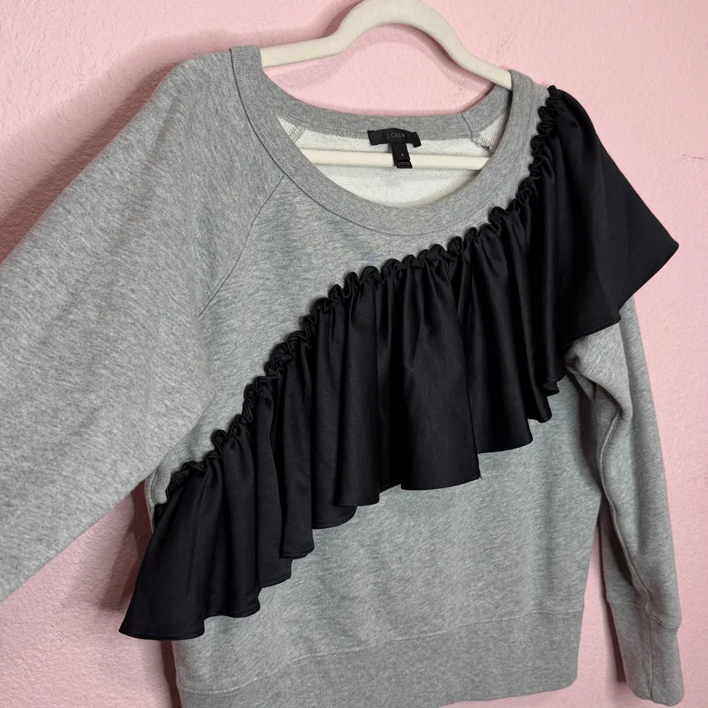 J Crew Asymmetrical Ruffle Sweatshirt Gray Black. Size S - Image 5
