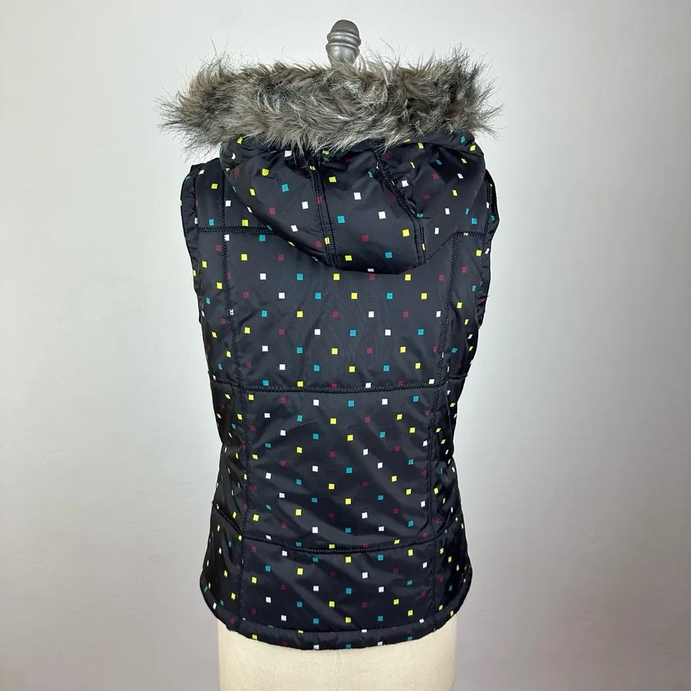 Burton Black Button Hooded Faux Fur Vest Multicolor Pattern Size 19 - Image 8