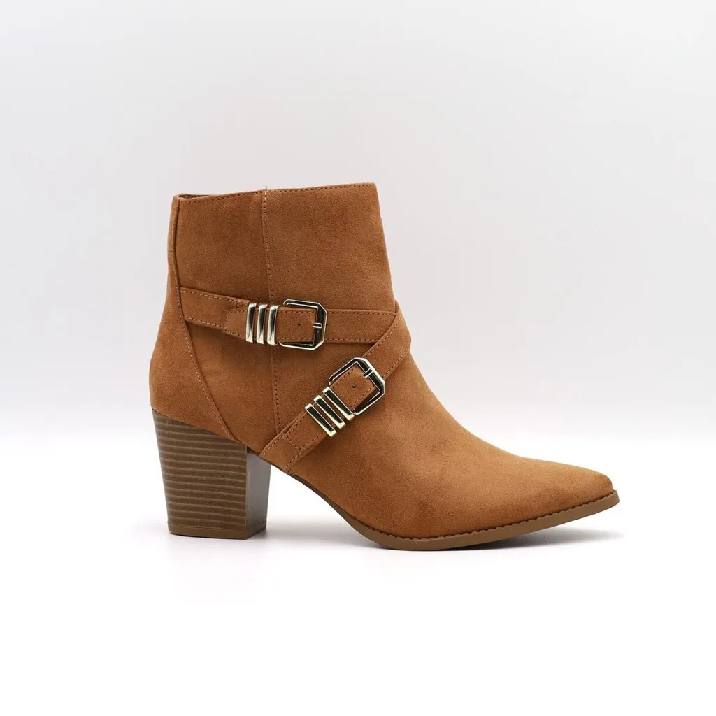 Sun + Stone Tan Ankle Boots with Western Design‎ and Decorative Straps​ Size 9 - Image 3