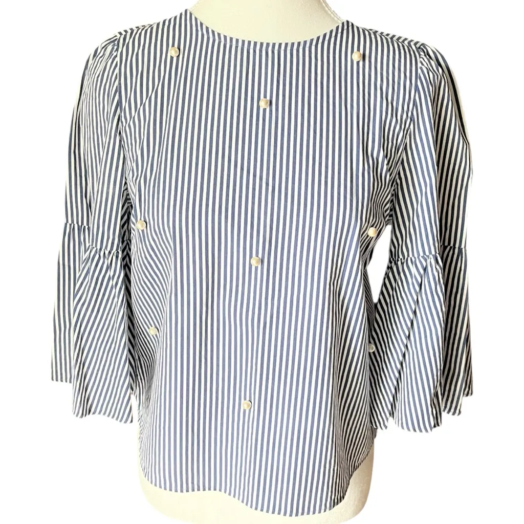 Zara‎ Navy and White Striped Blouse Poplin Bell Sleeves Pearl Accent 3/4 Sleeves - Image 2