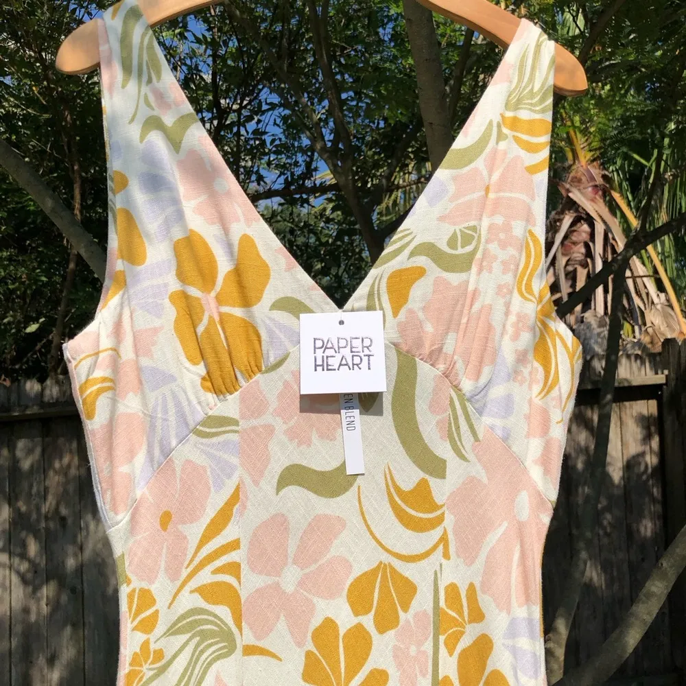 Linen Blend Pastel Floral Print Maxi Dress M - Image 3