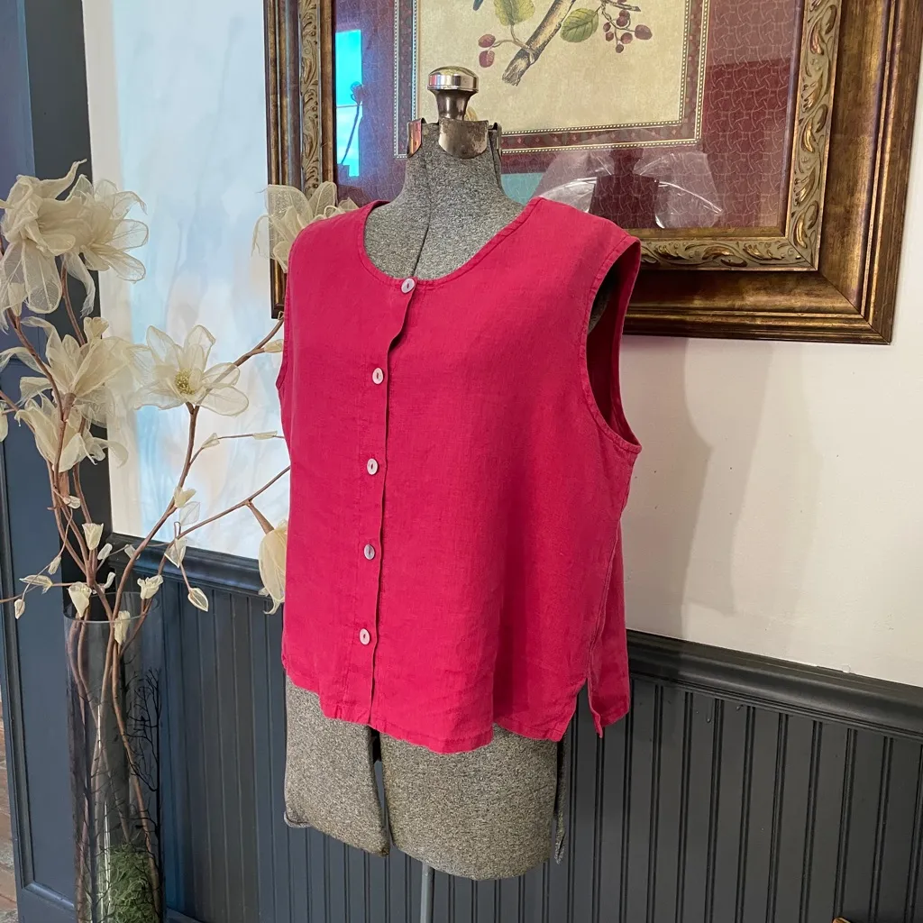Bryn Walker 100% Linen Sleeveless Button Front Top Raspberry Pink Sz M 💚🎀 - Image 3