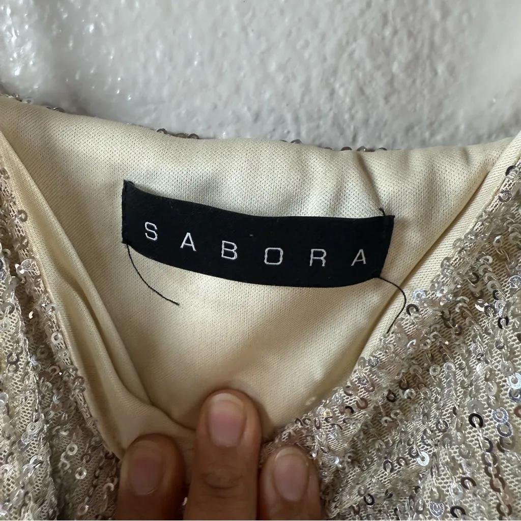 Sabora Elegant Sequin Draped Dress SZ:L Silver Size L - Image 6