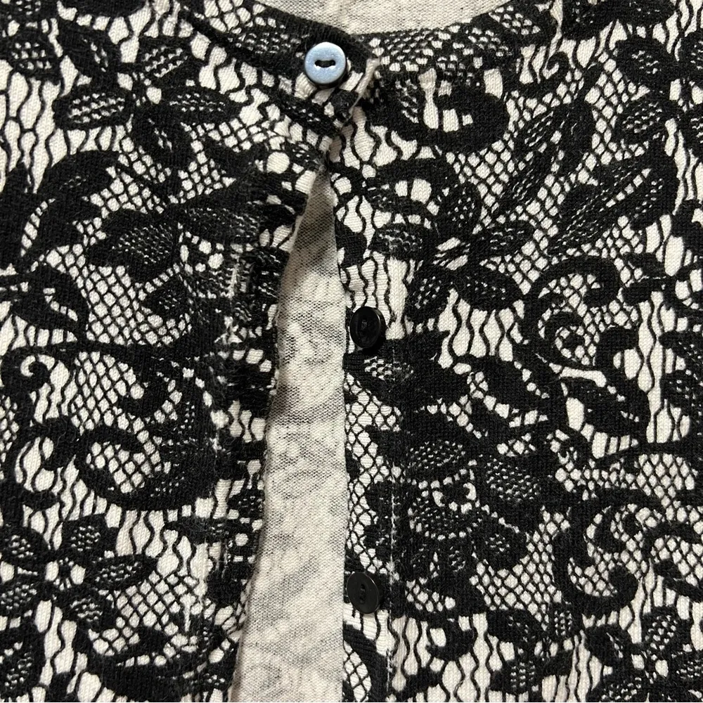 Top Knits Button Up Cardigan Black White Lace Pattern Three Quarter Sleeve XL - Image 3