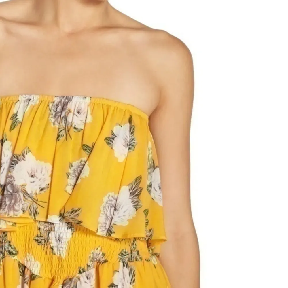 MinkPink Size M Yellow Floral Strapless Smocked Top Mini Dress Cover Up - Image 4