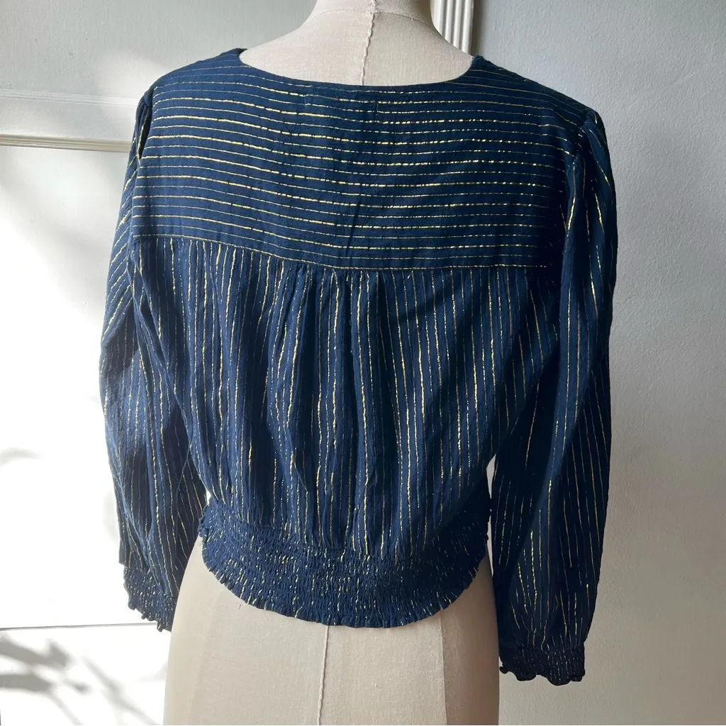 NWT! Boden• Navy & Gold Metallic Lurex Smocked Crop Blouse•Sz 10 Blue - Image 6