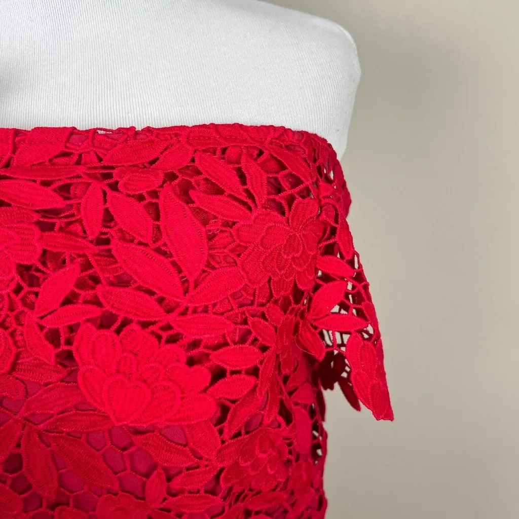 Anthropologie Shoshanna Dress Womens 8 Red Lace Sheath‎ Off Shoulder Fitted Sexy - Image 7