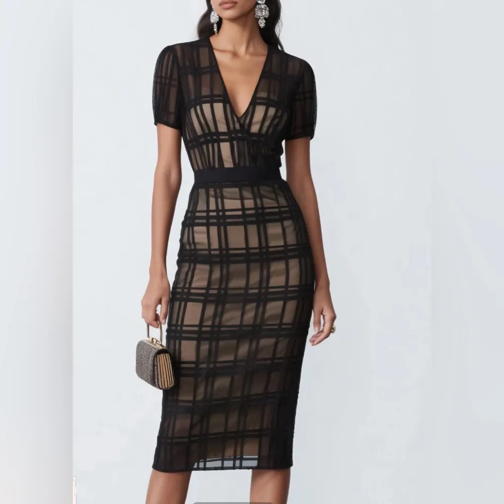 Elegant Navy Checkered Midi Dress Blue Size 14 - Image 9