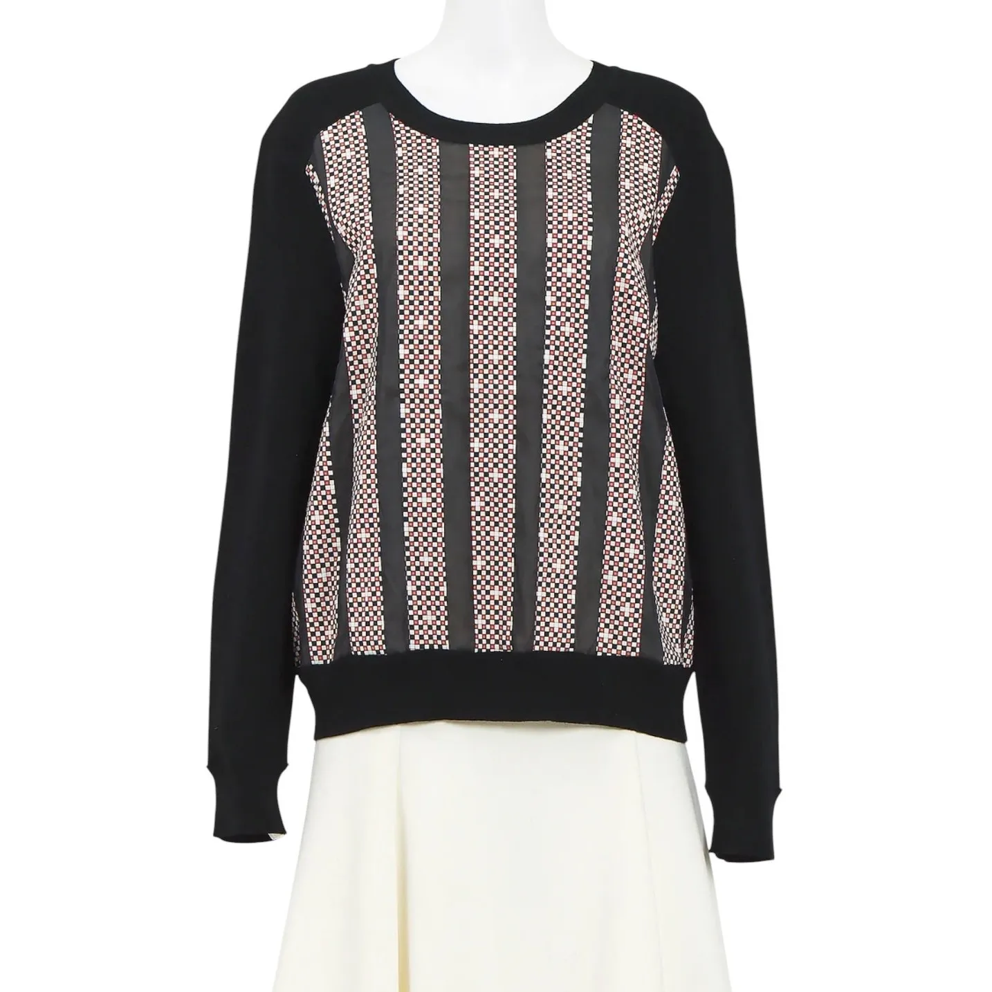 Tory Burch Black Merino Wool Geometric Striped Silk Panel Crewneck Sweater Sz XS - Image 2