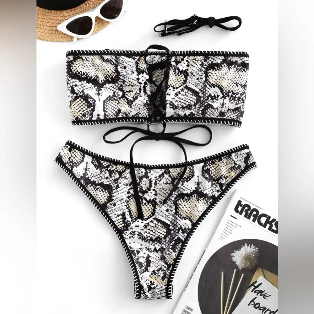 Whip Stitch Lace-Up Bikini Bathing Suit Set, Snake Print, Size S, NWOT - Image 3