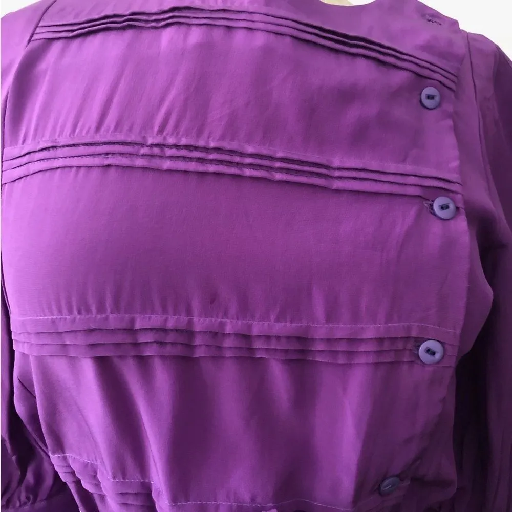 Vintage 80s purple puffed shoulders blousbelted silk 3/4 sleeve midi shift dress - Image 10