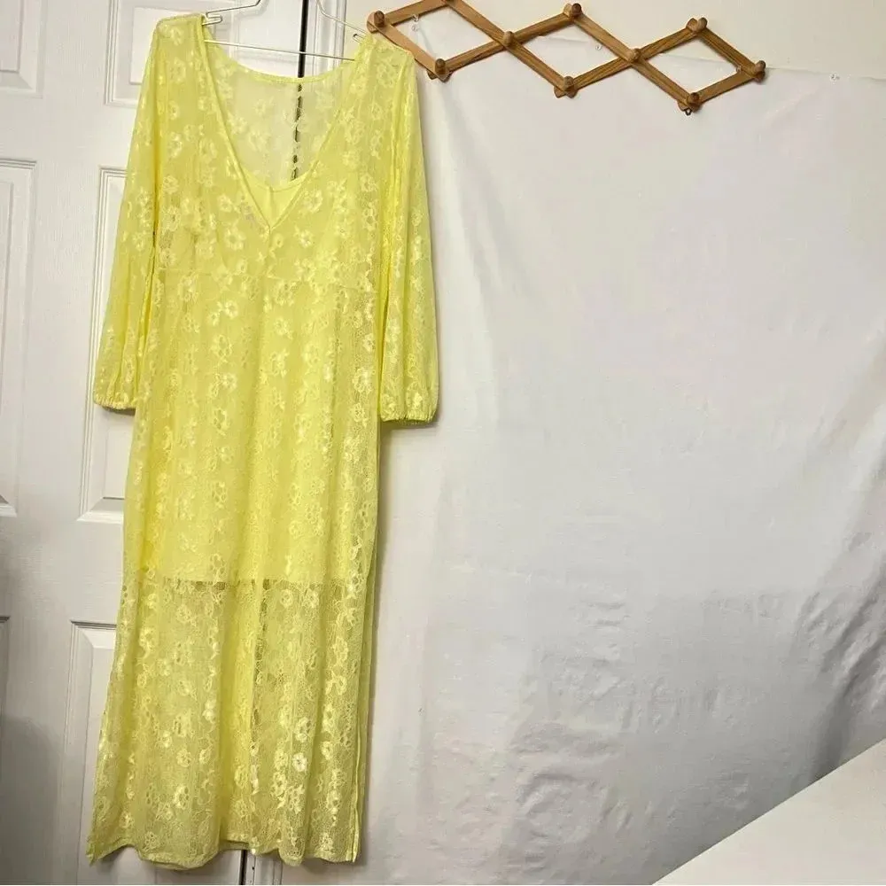 Open Edit Sheer Lace Long Sleeve Maxi Dress Yellow Elfin Size Large - Image 6