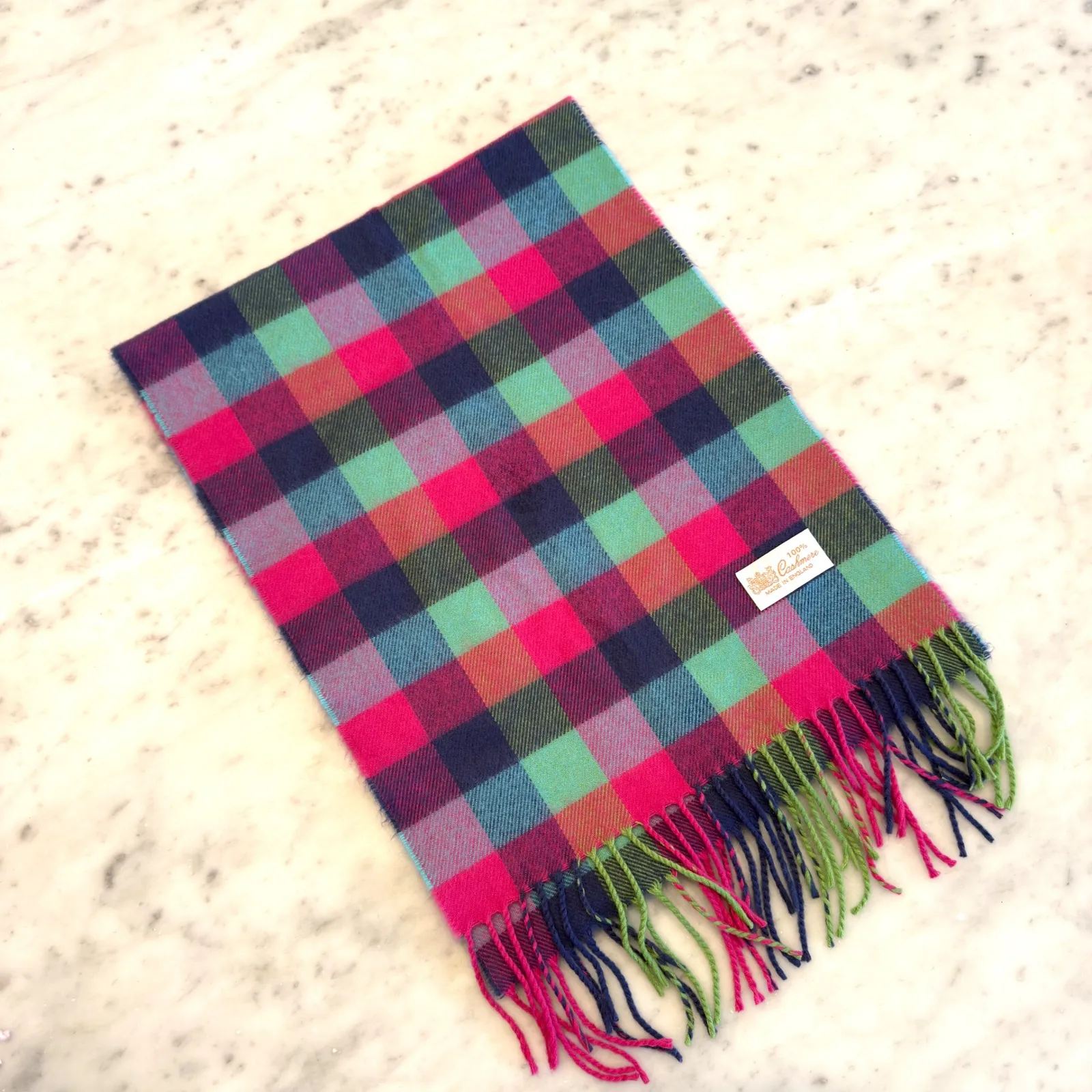 100% Cashmere Scarf Made in England Plaid Fringe Luxury Winter Wrap Pink - Image 1