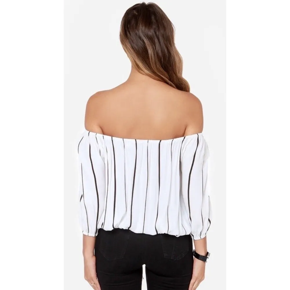 Faithfull The Brand Blouse Striped Off the Shoulder Relaxed Size Small White - Image 2