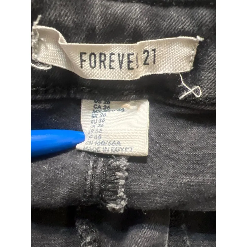 Forever 21 Distressed Black Skinny Jeans High Rise Frayed Hem Holes Size 26 - Image 5