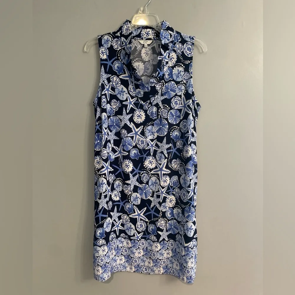 Navy & White Sleeveless Starfish & Shell Print Summer Beach Resort Dress - Image 4