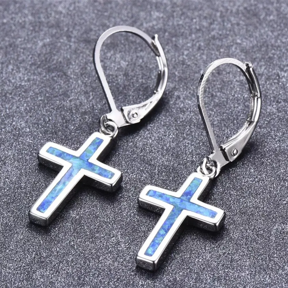 Shiny Opal & Silver Cross Pendant Earrings, Holy Land Jerusalem Catholic Charm - Image 2
