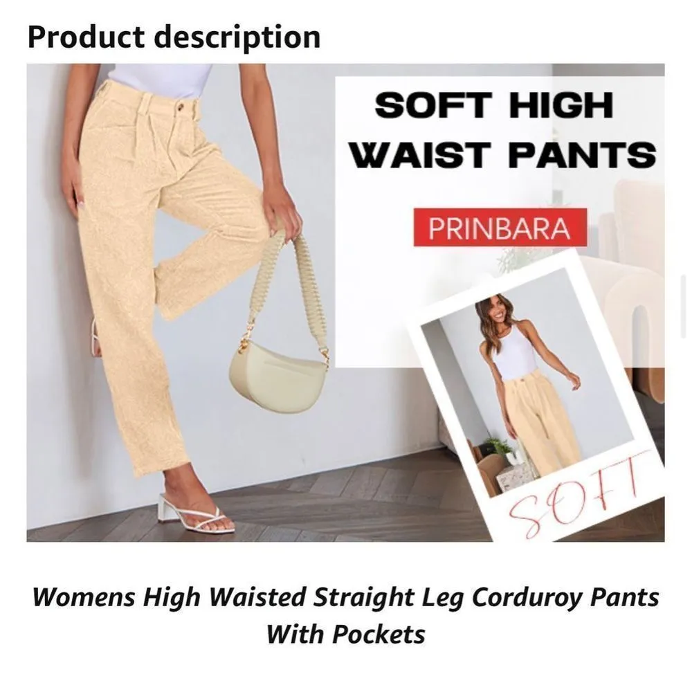 NEW High Waisted Corduroy Pants Straight Leg Loose Trousers Pockets L Size L - Image 4