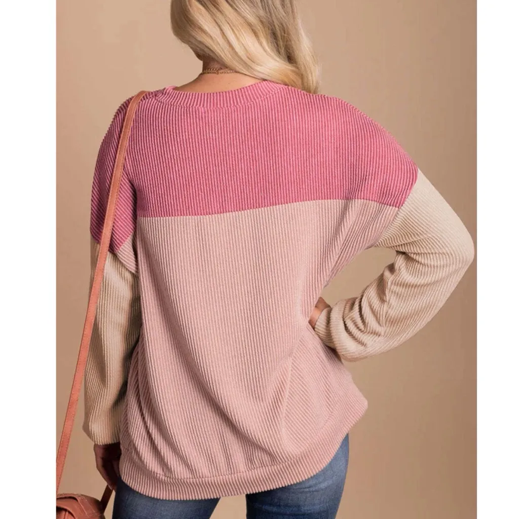 Ribbed Loose Long Sleeve Top Women's Small Casual Cute Sweater Textured Pink Tan - Image 9