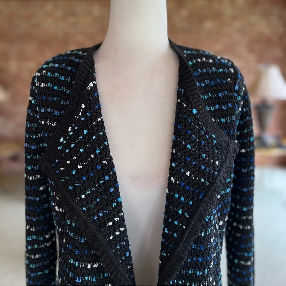 WHBM Jacket Knit Black Tweed Fringe Moto Cropped Open Front S Party Work Chic - Image 4