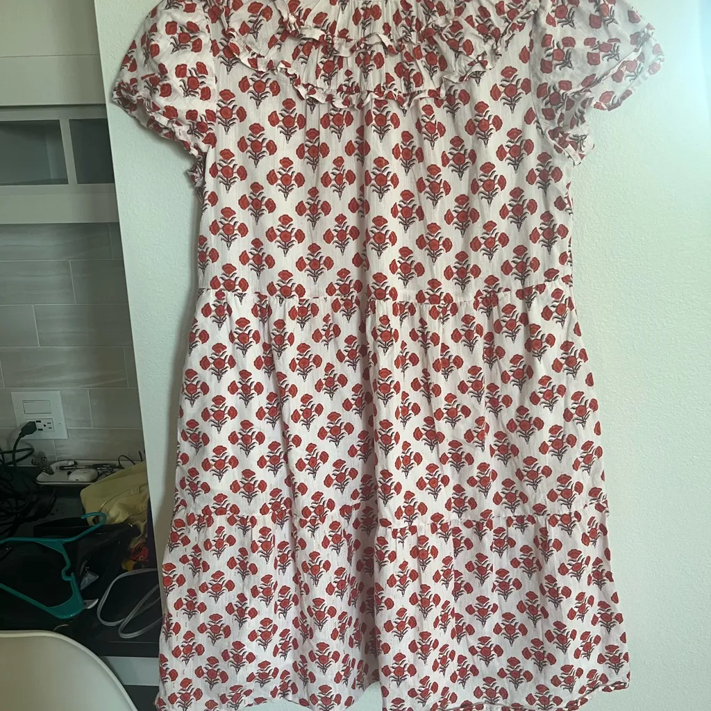 Boden Ruched Detail Metallic Dress Cream Red Poppy Gold US Size 12 - Image 7