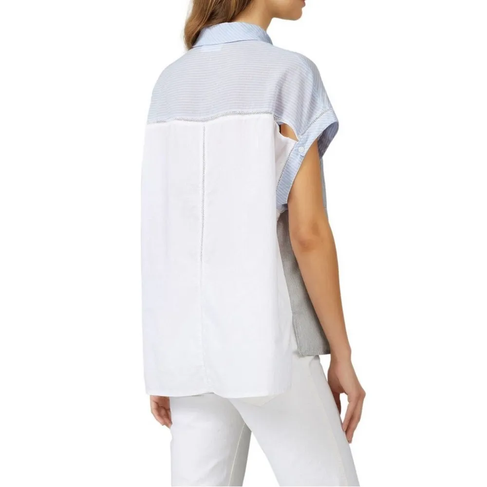 Sita Murt Blue Camp Top Tie Collar Top Soft Cotton Short Sleeve Retro Striped M - Image 4