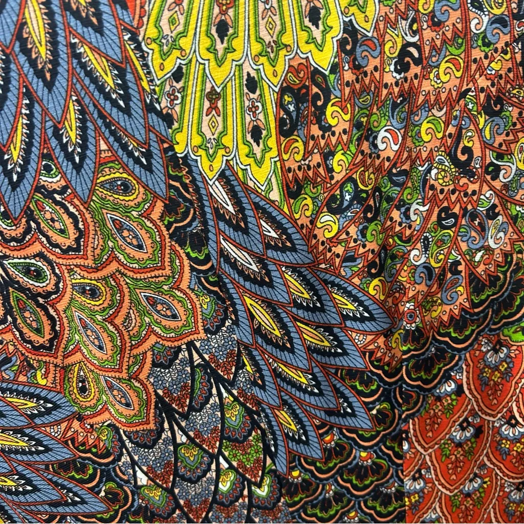 VNT 90s Joseph Ribkoff Peacock Print Wrap V-Neck Multicolor Midi Dress: Size 6 - Image 5