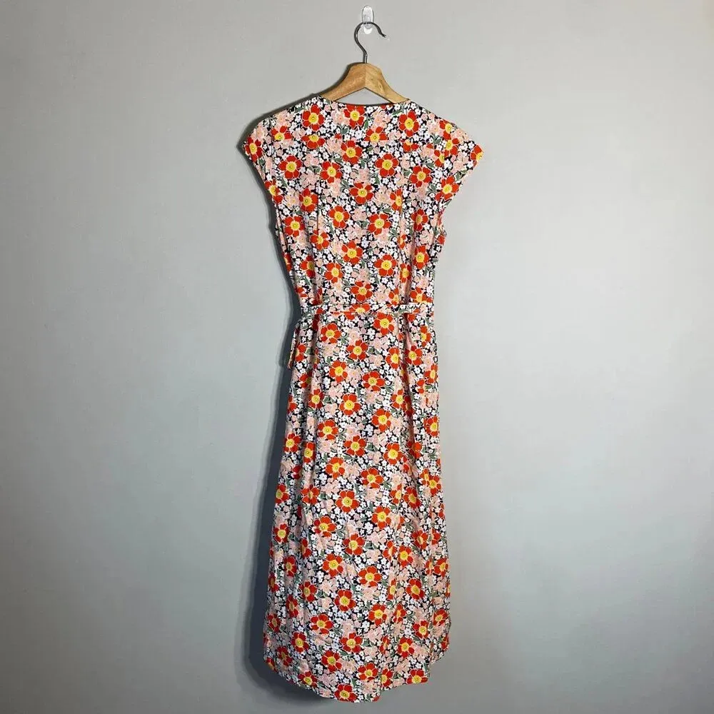 J.Crew Mercantile Short Sleeve Floral Midi Wrap Dress Women's XS Orange V-Neck - Image 4
