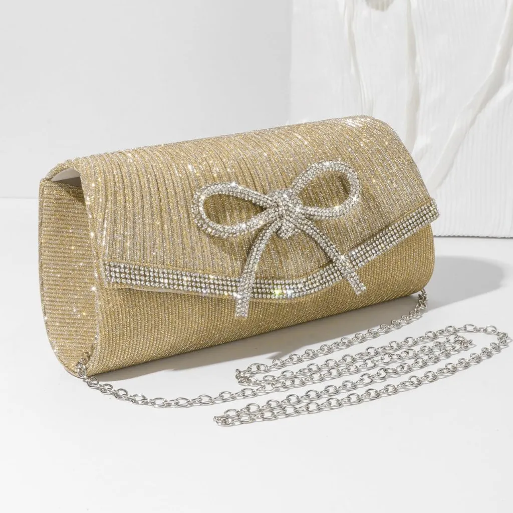 ⚡ Women's Gold Bow Sparkly Glitter Evening Rhinestone Party Prom Clutch Bag - Image 4