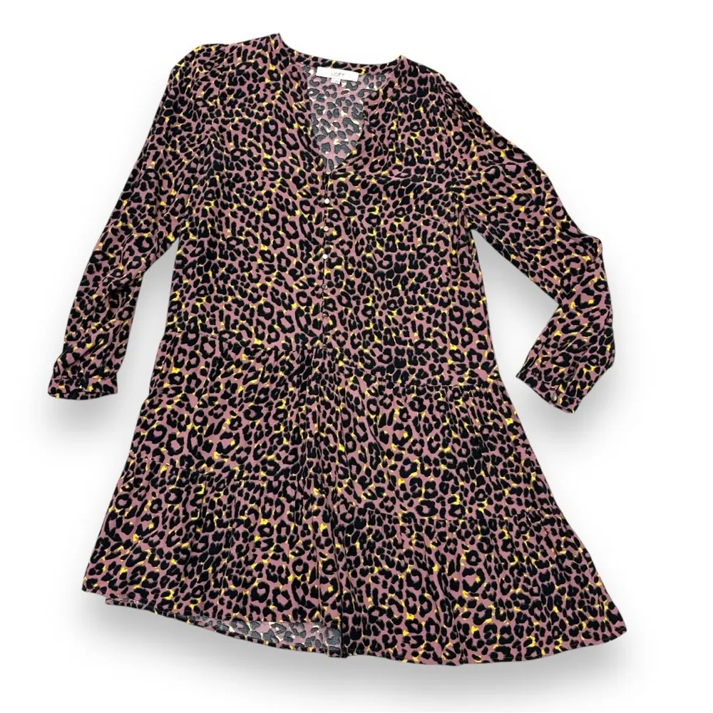 LOFT Brown Leopard Print Button Tiered Swing Dress - Medium - Image 2