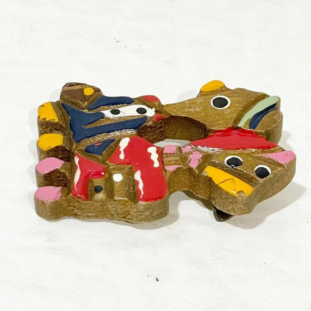 Vintage Japan Wooden Ducks Comical Pin Brooch - Image 2