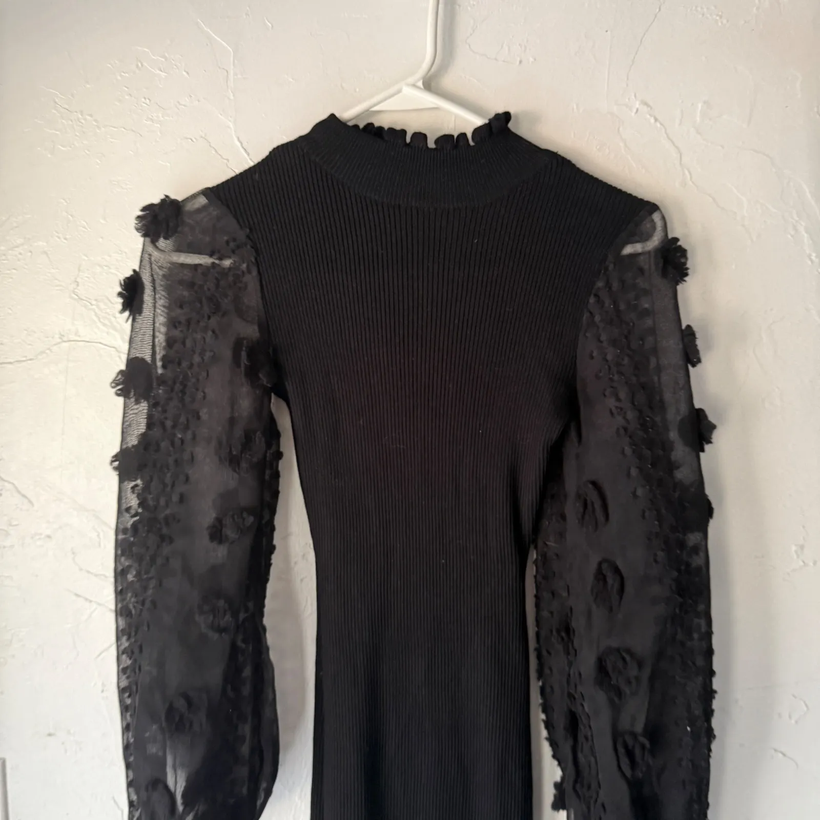 Almost Famous Black Ribbed Bodycon Dress Sheer Floral Mesh Balloon‎ Sleeve Party - Image 3