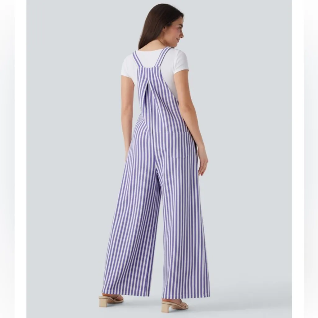 HALARA Pockets Stripe Waffle Overalls in Lilac Stripe Size Large - Image 2