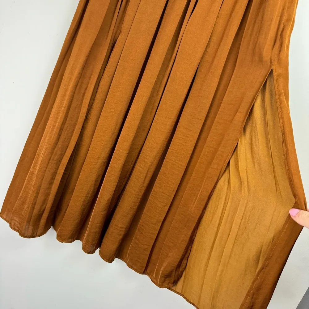 Topshop Pleated Satin Midi Skirt Sz 2 Golden Bronze Copper Side Slits Flowy Chic - Image 9