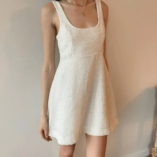 ZARA sz S Womens White Tweed Scoop Neck Button Mini Dress Preppy Structured Chic - Image 2